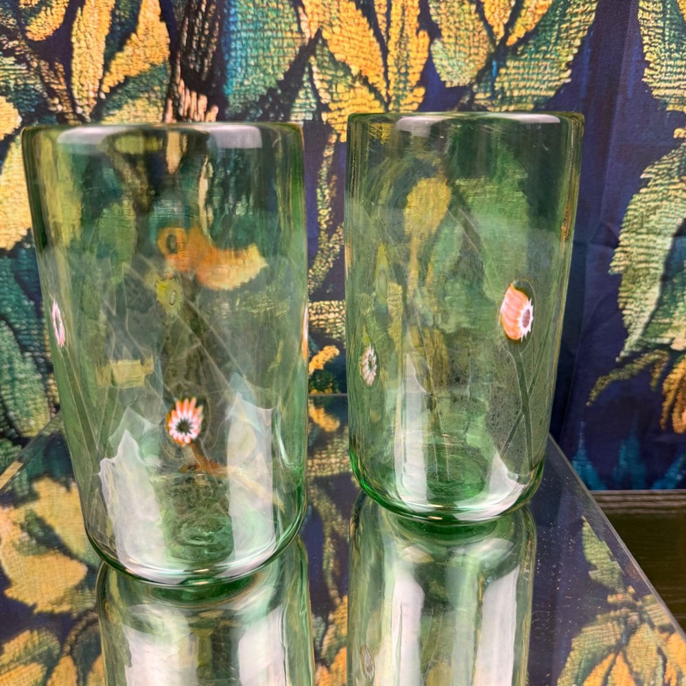 GK 2006 Signed Studio Art Glass Millefiori Green Tumblers Set of 2 Murrine 6in